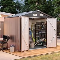 Aoxun 8x6FT Metal Storage Shed with Floor, Double Doors, Sloped Roof - Galvanized Steel Bike Tool Garden Organizer (Brown)