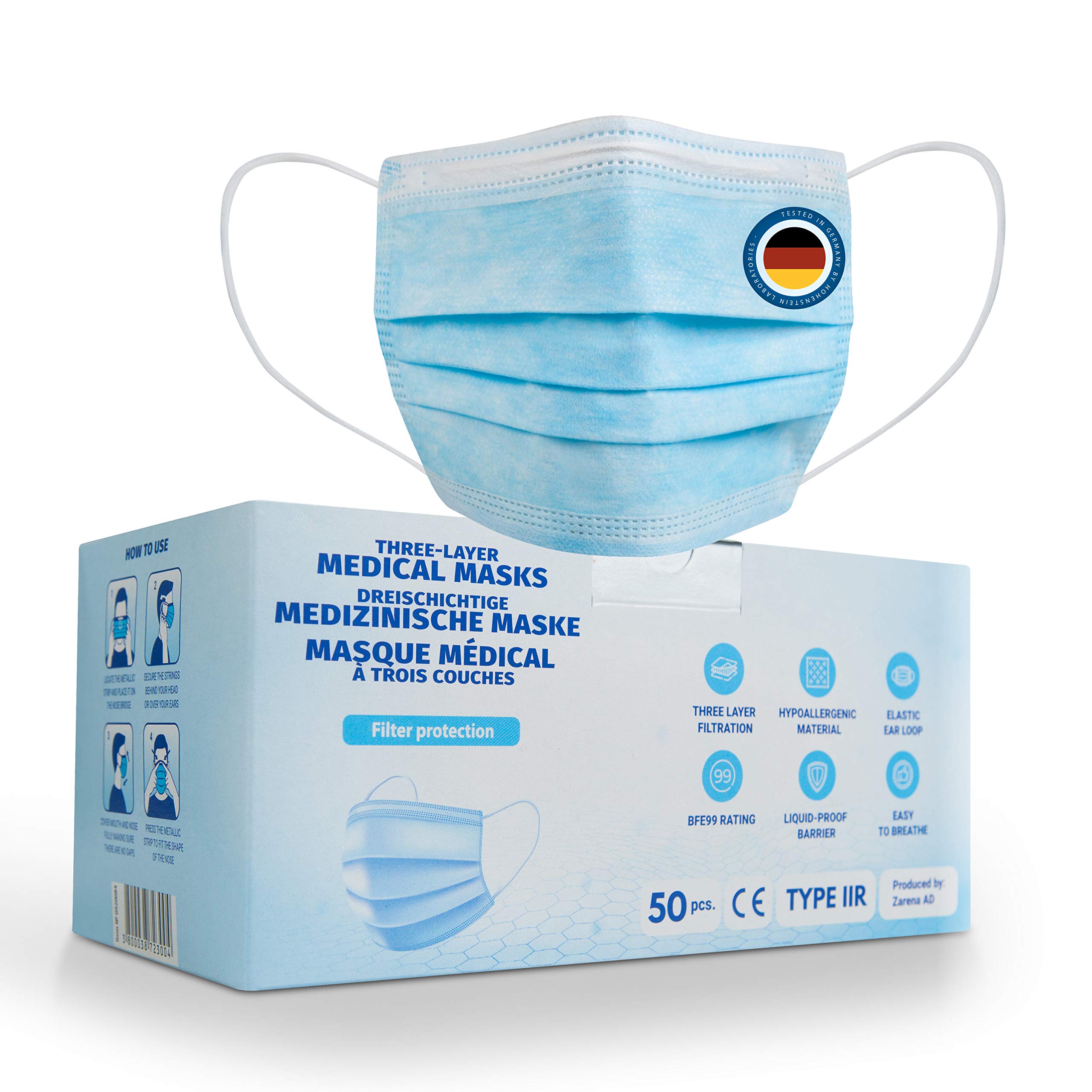 Medical Grade Surgical Type IIR Face Mask, EN14683 CE Certified, Water Resistant, Fluid Repellent, Three Layer Filtration,...