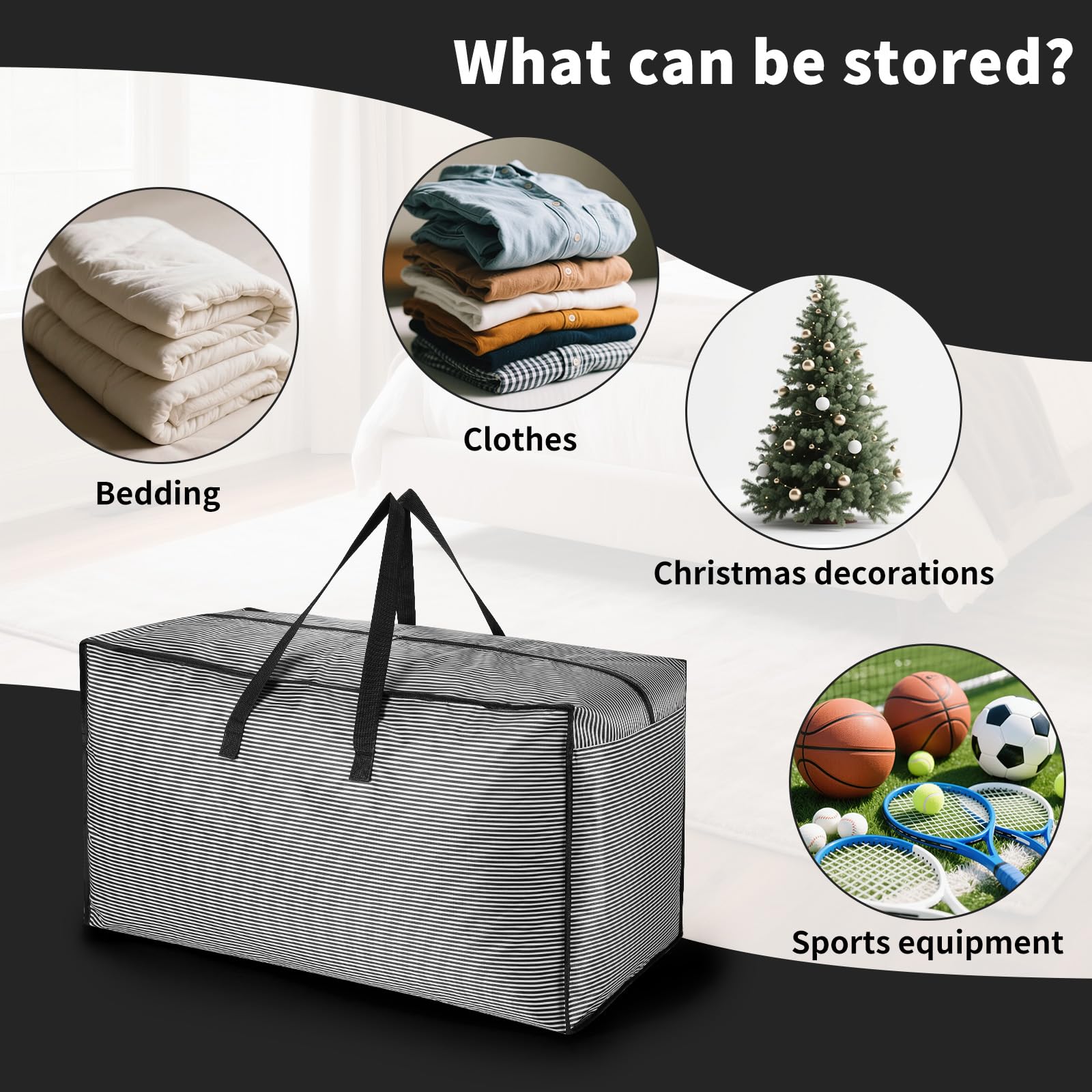 Lot de 6 sacs de rangement extra larges de 120 l avec couvercles pour déménagement, boîtes de rangement solides avec poignées zippées, sacs à linge durables pour vêtements