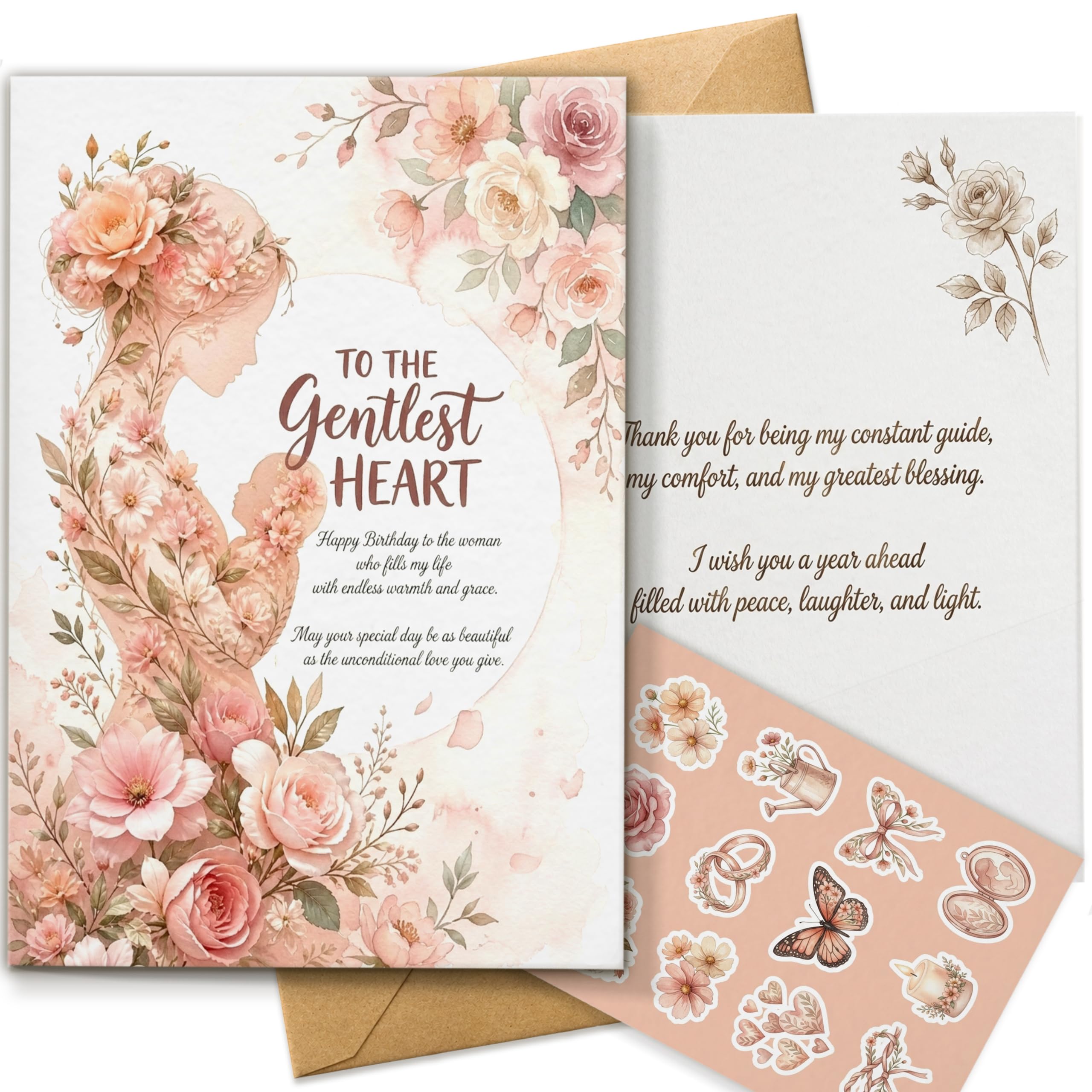 AIROW Mother's Birthday Greeting Card, Elegant Pink Watercolor Flowers Design for Mom, Touching Birthday Wishes, Standard A5 Size, Double-Sided Print Includes Kraft Envelope and Matching Sticker Sheet