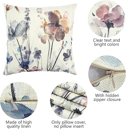 Miniatura 3 de Juego de 4 fundas de almohada decorativas de lino con diseño floral de acuarela de 18 x 18 pulgadas para decoración del hogar, fundas de cojín para