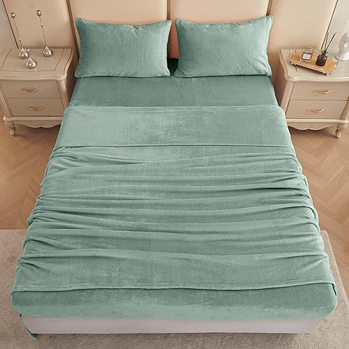 Miniatura 7 de Viviland Juego de sábanas de felpa de microforro polar tamaño Queen, sábanas de terciopelo de forro polar suave y mullido, sábanas de forro polar