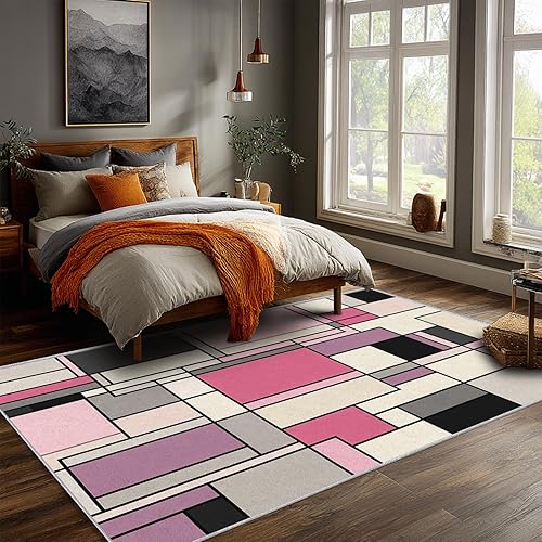 Miniatura 125 de Alfombra retro de los años 70, alfombras de área de 6 x 8 pies, patrón geométrico moderno de mediados de siglo, para sala de estar, dormitorio,