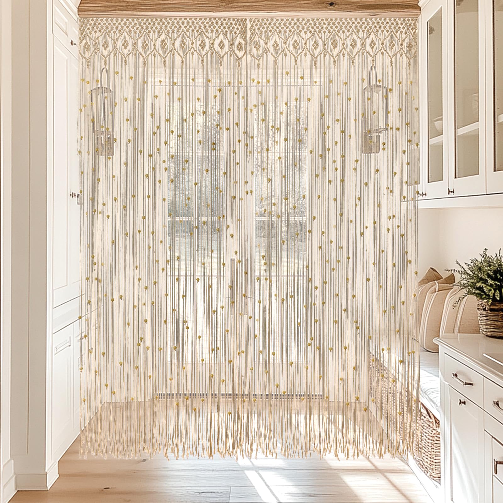 BECHAEO Cortina de cuentas de macramé estilo bohemio hecha a mano con cuentas de madera para ventana, puerta, armario, dormitorio, sala de estar, decoración de privacidad, 79 pulgadas de largo x 36