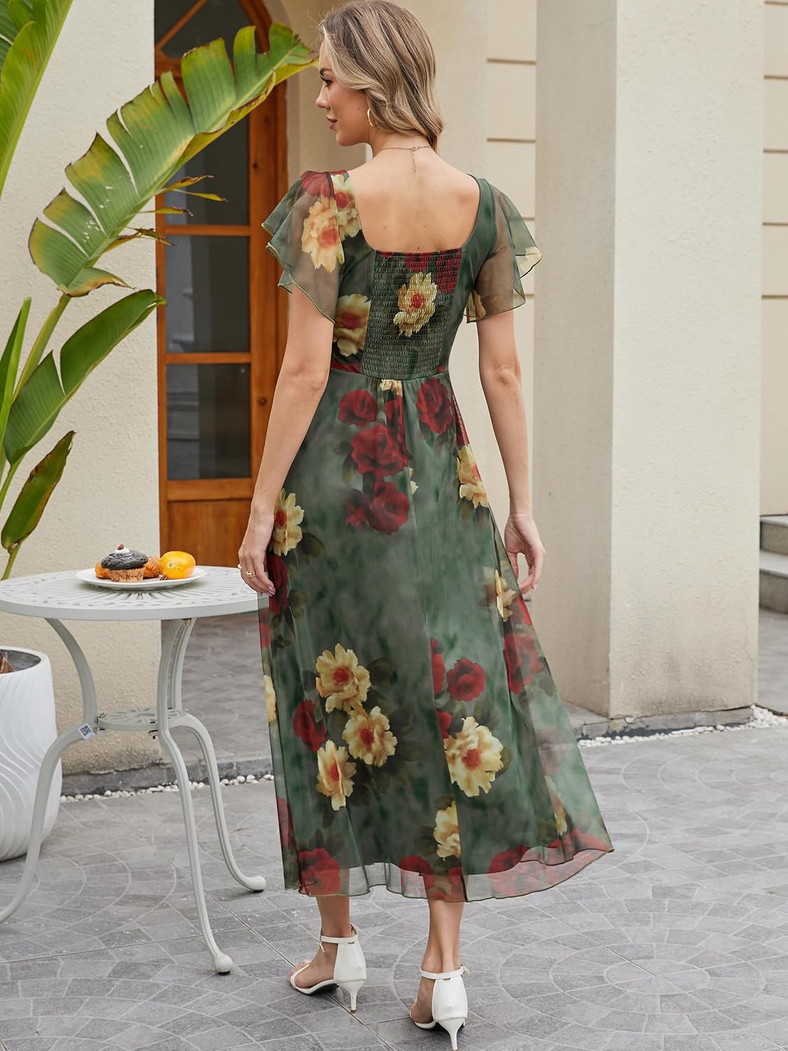 Caracilia Women Square Neck Floral Tulle Wedding Guest Bridemaid Dresses Summer Ruffle Sleeve High Slit Formal Midi Dress - Image 4