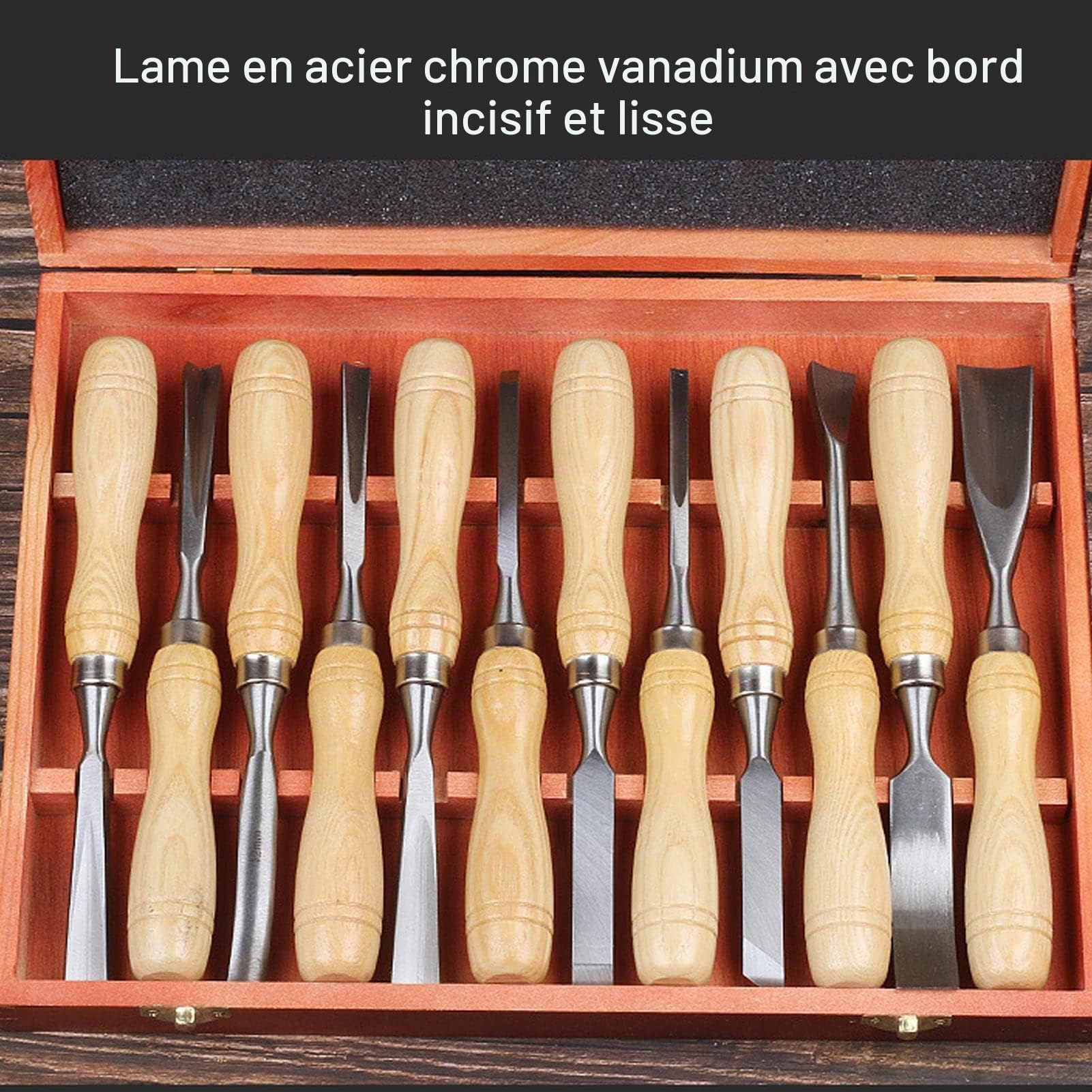 Ciseaux a Bois, Lot de 12 Ciseaux de Sculpture sur Bois avec une Lame CRV et une Poignée en Bois pour Débutants, Sculpteur, Charpentier, Amateur