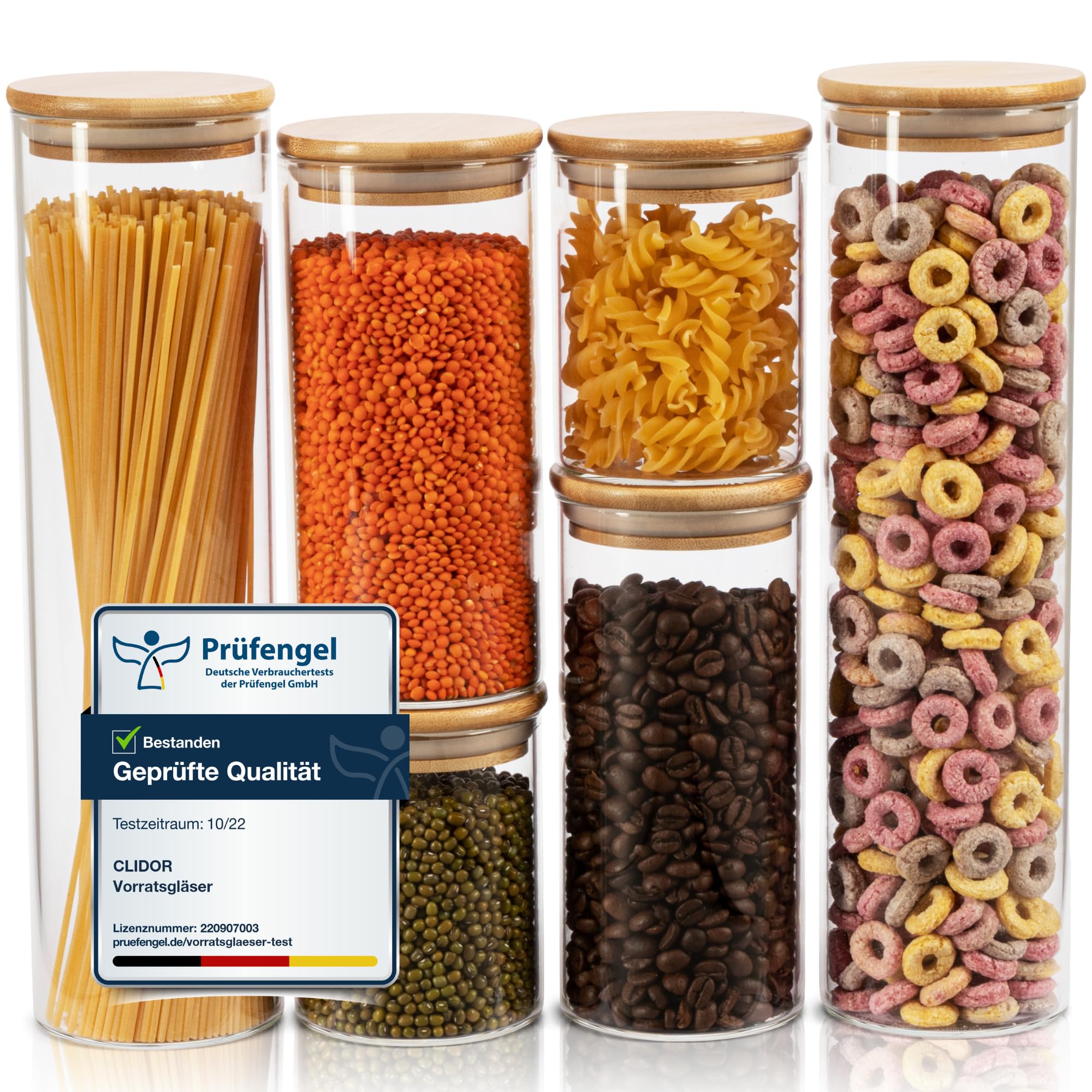 CLIDOR Vorratsgläser mit Deckel, Rund - 6er Set - 4,6L Vol., Erhöhte Glasstärke, Vorratsdosen mit Deckel luftdicht, Aufbewahrungsbox Küche für alle Lebensmittel, Glasbehälter, Küchen Organizer