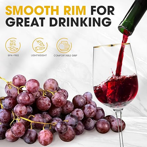 Miniatura 5 de Juego de 2 copas de vino tinto de tallo largo, elegantes copas de vino con borde dorado, juego de copas de vino de primera calidad, copas de vino