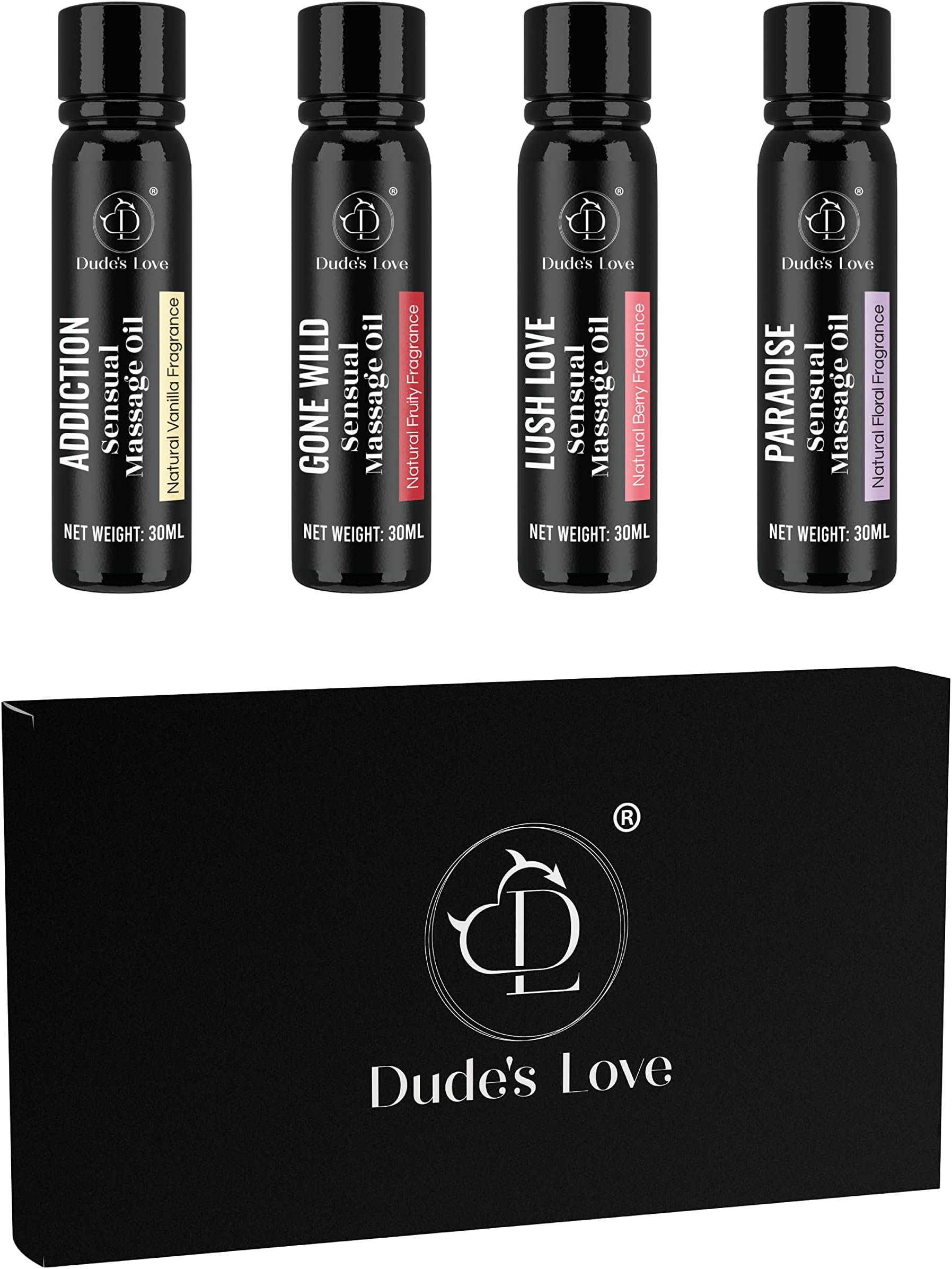 Organic Sensual Safe to Lick Body Massage Oils for Couples - Gift Set Romantic Date Night – Non Greasy No-Stain Fractionated Coconut Oil Quick Absorbing Smooth Glide Trial Pack of 4-120 ML/4 Fl Oz