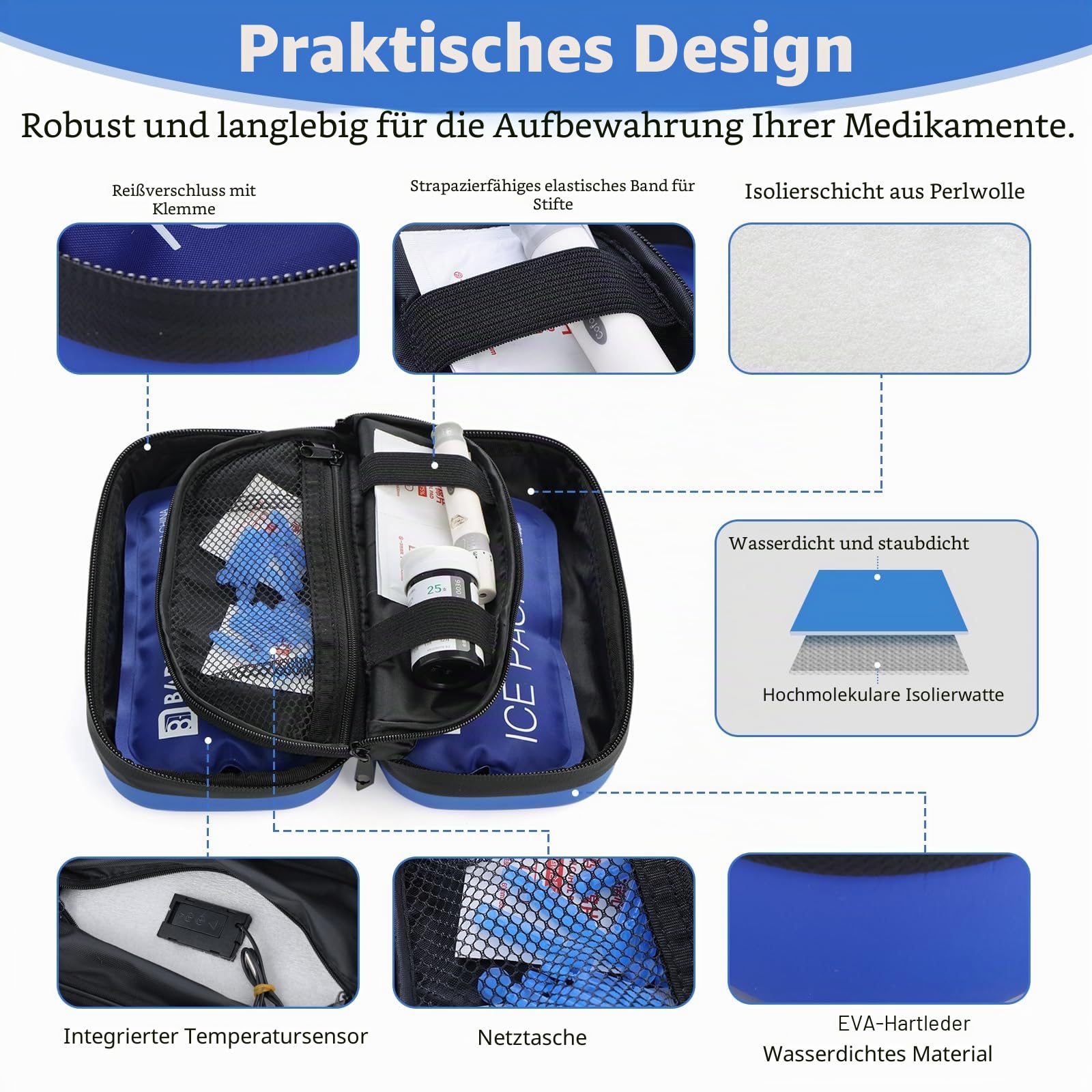 Insulin Kühltasche Reisekoffer TSA genehmigt gekühlte Medizin Kühler für Reisen w/Temperaturanzeige Diabetiker Reisekoffer Tasche w / 2 Wiederverwendbare Eispacks für das tägliche Leben