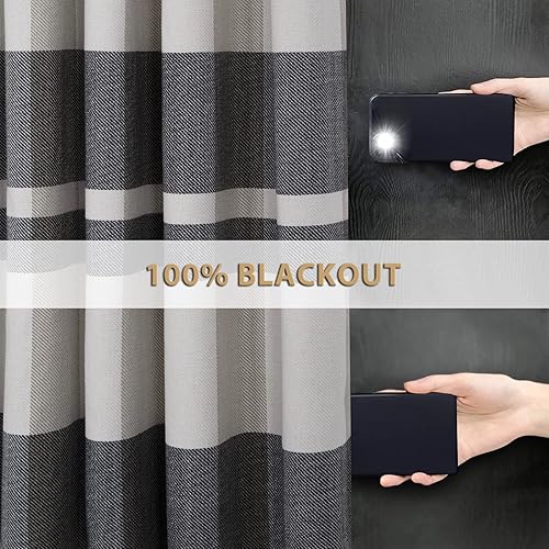 Miniatura 4 de always4u Cortinas 100% opacas a cuadros para dormitorio, sala de estar, aspecto de lana, tartán negro, ojales, térmicas, 2 paneles, 54 * 63 negro