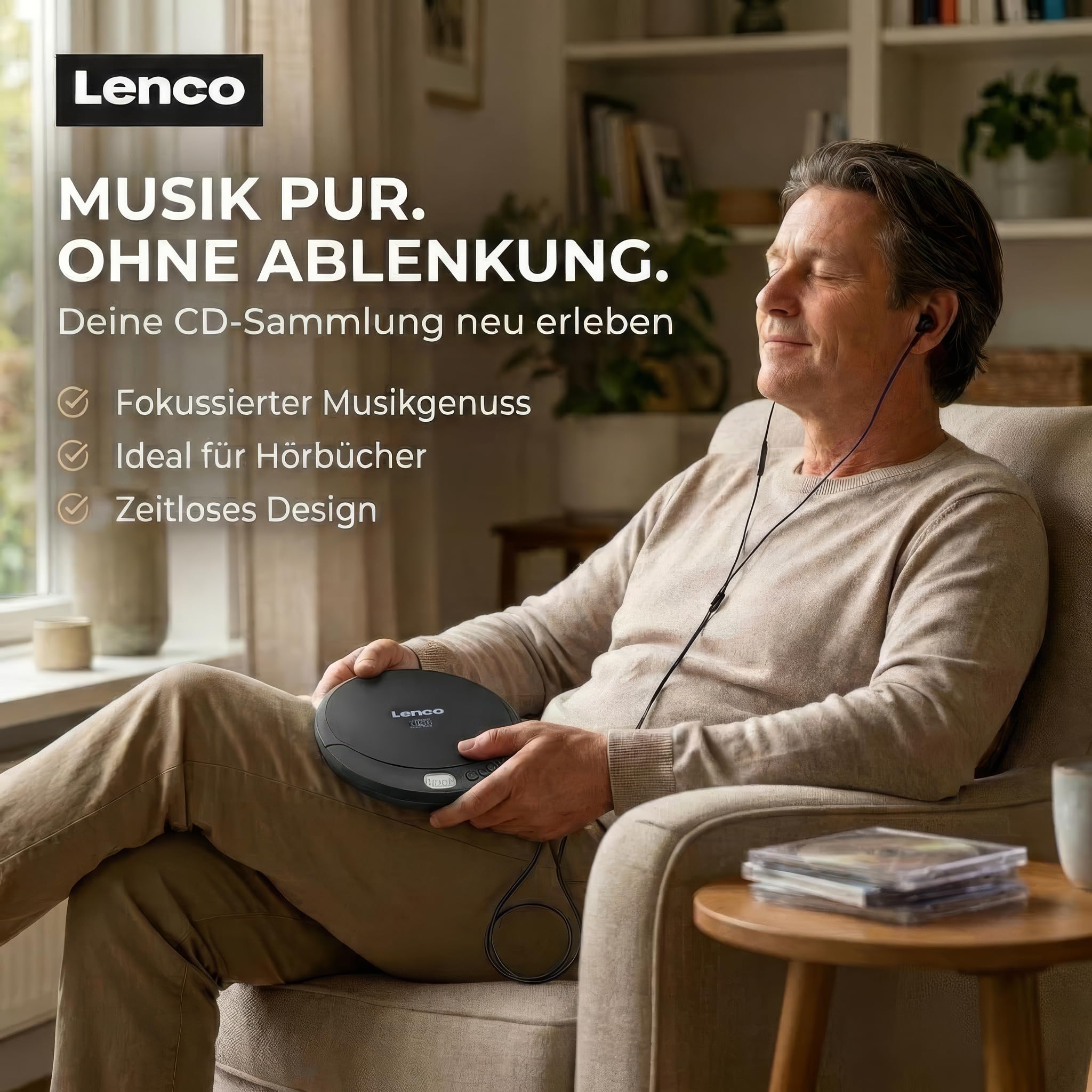 Lenco CD-010 - CD-Player - auch für Kinder - Discman - Tragbar - CD Spieler | CD Walkman - Mit Kopfhörern und Micro USB Ladekabel - Schwarz