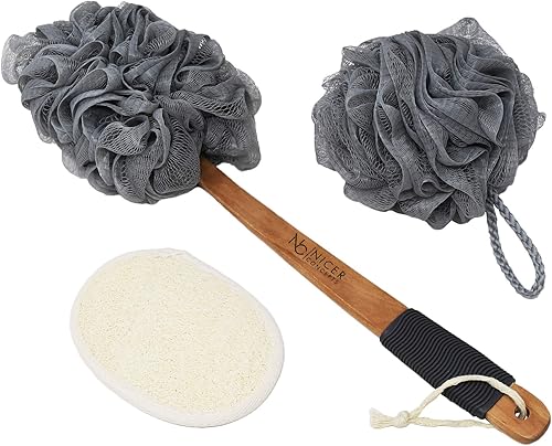 Nicer Concepts Juego exfoliante de lufa y lufa, incluye lufa en un palo, esponja de lufa extra grande, limpiador facial, para hombres y mujeres,