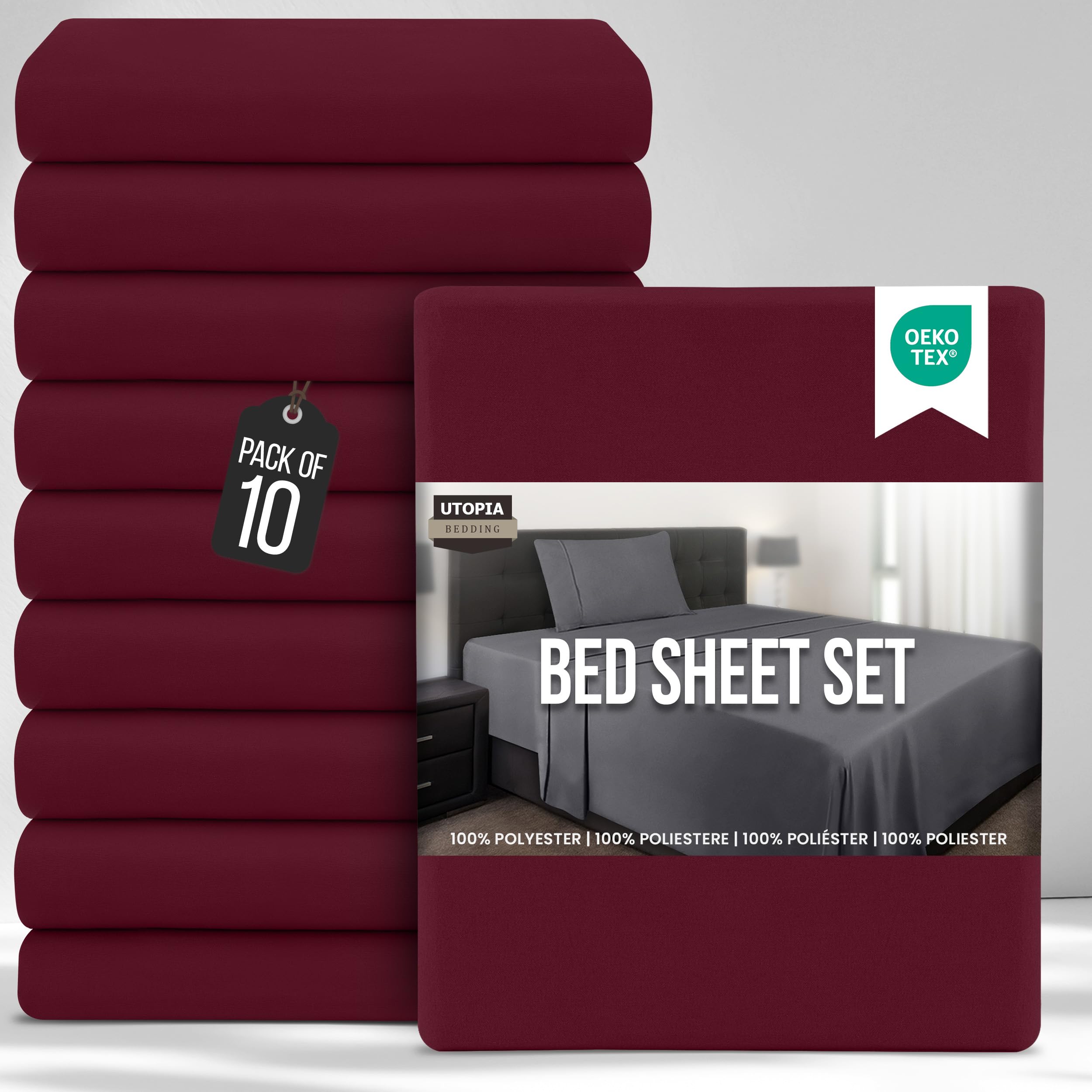 Utopia Bedding Bed Sheets Set Bulk Pack of 10 (Single, Burgundy) – Fitted Sheet, Flat Sheet with Pillow case 50x75 – Wrinkle, Shrinkage & Fade Resistant – Soft Brushed Polyester Microfiber Fabric — image 1