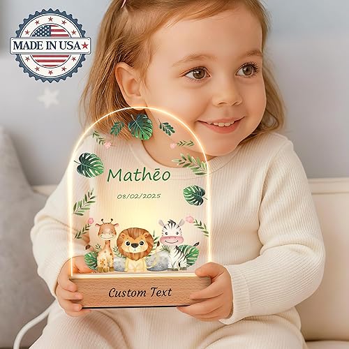 Miniatura 2 de Regalos personalizados para bebés para niños, animales de la selva de safari placa acrílica personalizada con nombre de luz nocturna, baby shower,