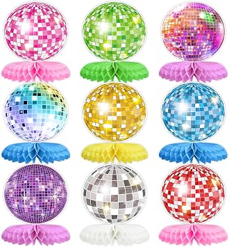 9PCS Disco Honeycomb Centerpieces Disco Ball Party Decorations Colorful Rock and Roll Party Table Centerpieces 50s 70s 80s 90s Disco Music Theme Birthday Party Supplies Decor