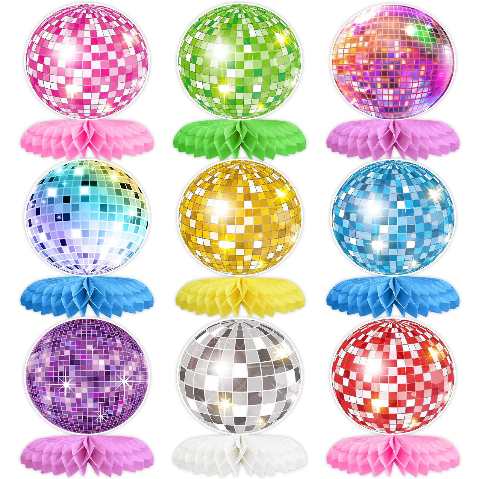 9PCS Disco Honeycomb Centerpieces Disco Ball Party Decorations Colorful Rock and Roll Party Table Centerpieces 50s 70s 80s 90s Disco Music Theme Birthday Party Supplies Decor