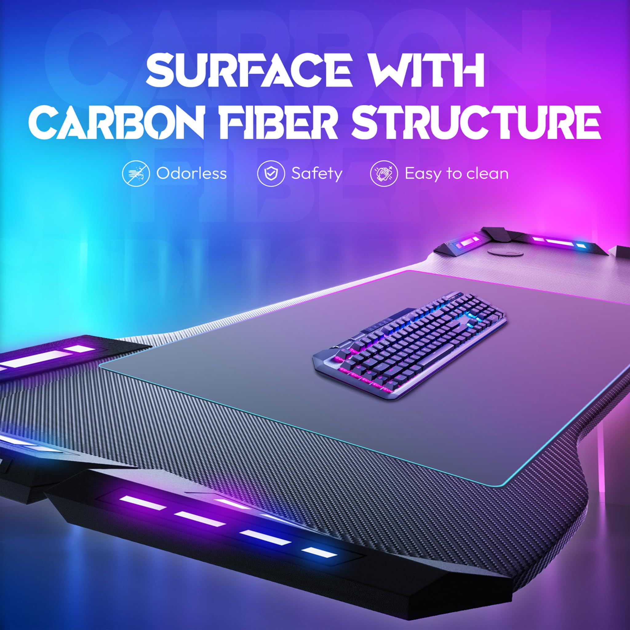 LZQ Gaming Tisch mit RGB LED 140x60 cm, Gaming Schreibtisch Ergonomischer Gamer PC Tisch mit Kohlefaser-Oberfläche, Spieltisch RGB Computertisch mit Fernbedienung & Kopfhörerhaken, Schwarz