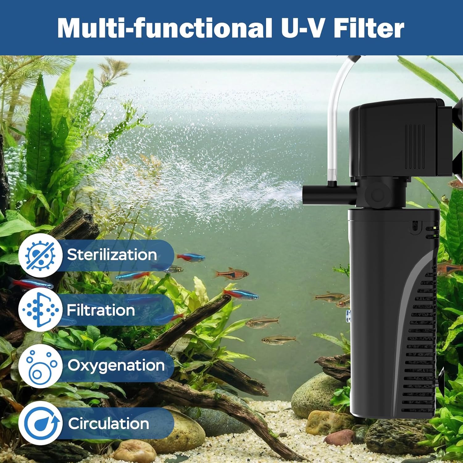 Aquarium Filter, U-V Fish Tank Filter with Timer for Green Water, Turtle Tank Filter, Internal Filter with Dual Water Outlet & Aeration, for 10-30 Gallon Tank
