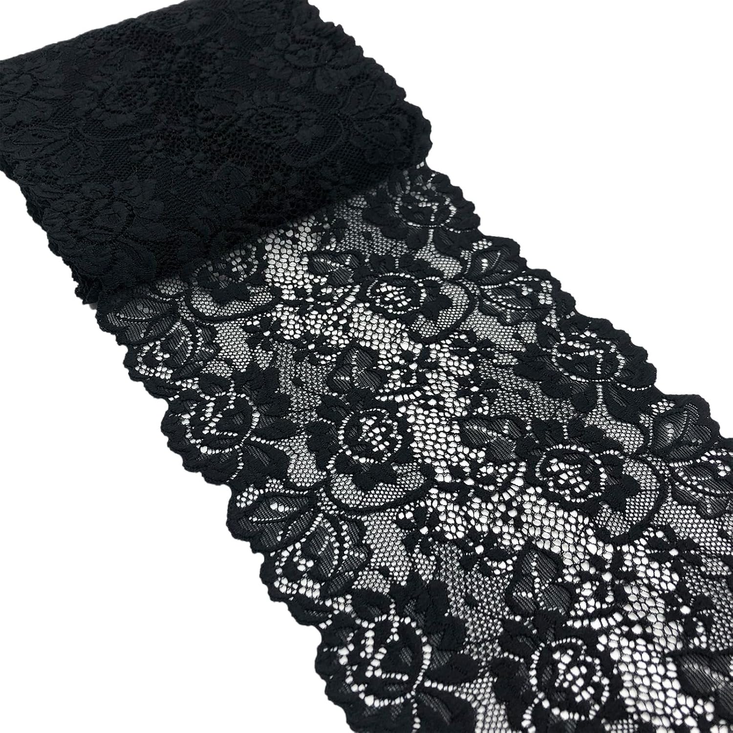 LUMKET Black Stretch Lace Ribbon with Floral Pattern 6 Inches Wide Lace Trim Fabric for Bridal Wedding Decorations, Sewing and DIY Crafts- 5 Yards (7227 Black)