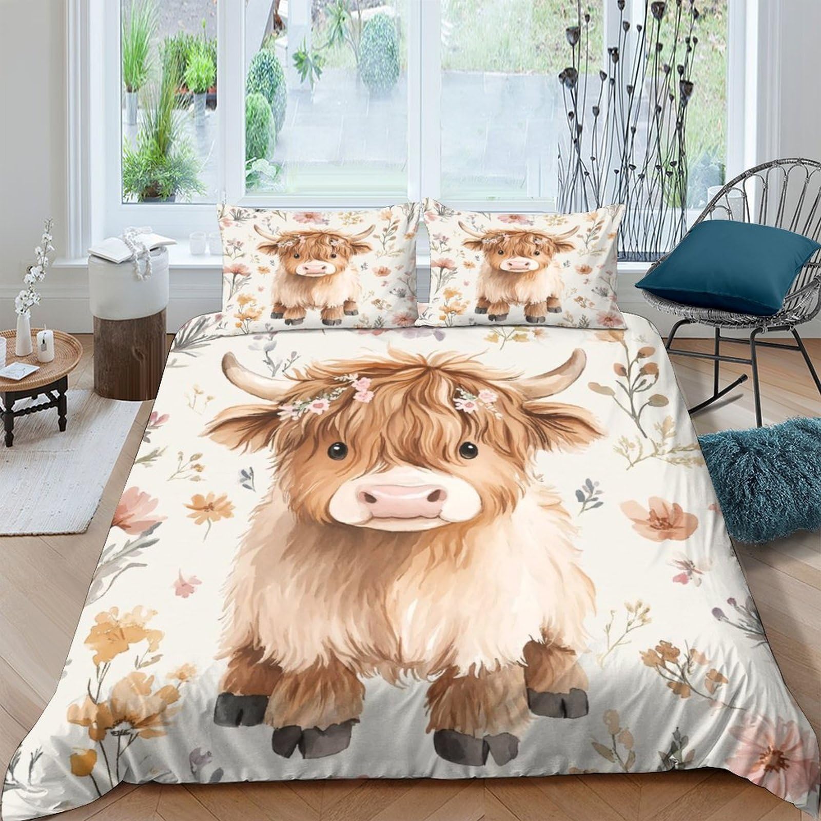 Ctjqhvkz Style-3 3D Printed Highland Cow Fitted Sheet Microfiber Soft Breathable Wildflower Mattress Cover For Bedroom Decor Single（135X200cm）