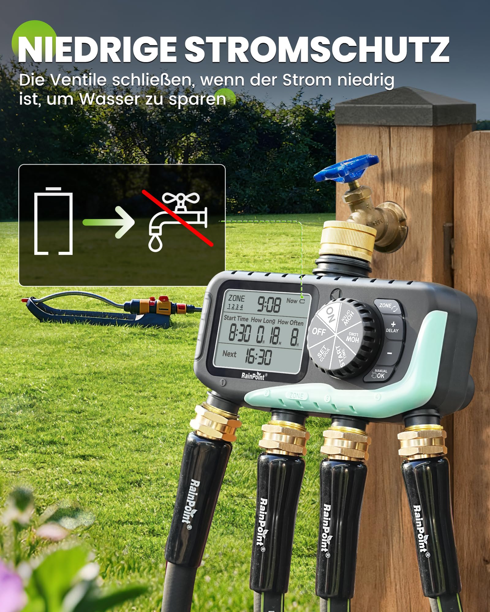 RAINPOINT Bewässerungscomputer 4 Ausgänge, Messing Einlass und Auslass, IP65 Wasserdicht Wasserzeitschaltuhr mit Regenverzögerung/Manueller Bewässerung, Automatische Bewässerung für Rasen und Garten