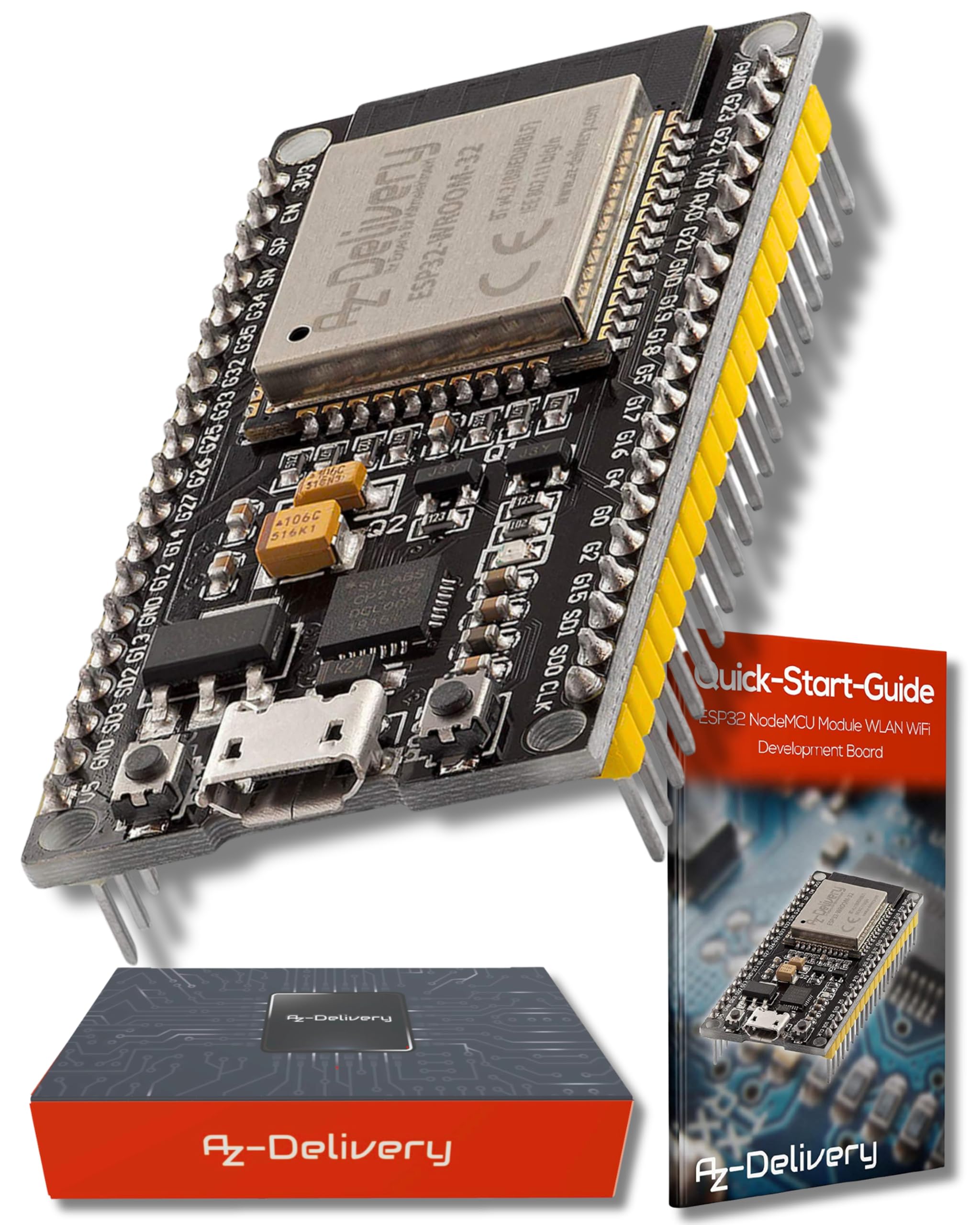 AZDelivery ESP32-DevKitC NodeMCU WiFi WLAN CP2102 ESP32-WROOM-32D IoT 2-In-1 Microcontroller Bluetooth Module Development Board compatible with Arduino including E-Book!
