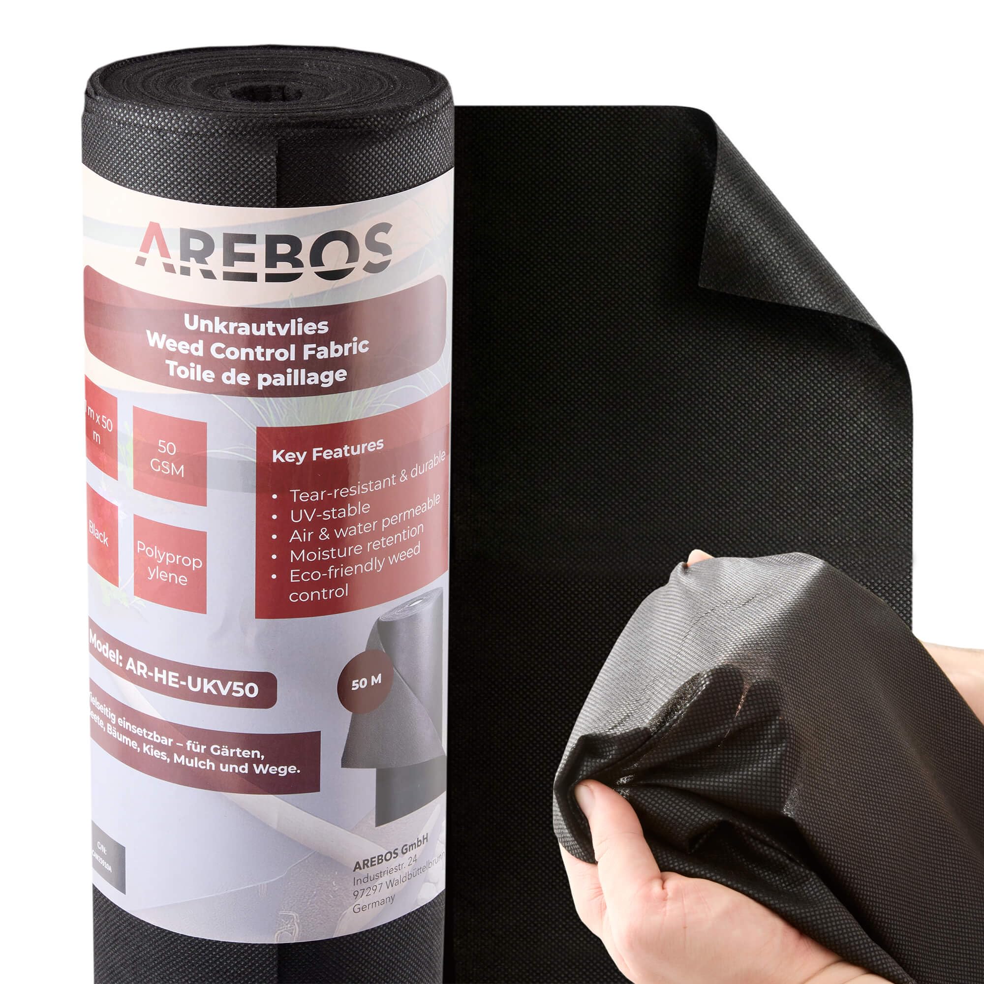 Arebos Unkrautvlies Wasserdurchlässig 50 g/m² | Unkrautfolie & Gartenvlies gegen Unkraut | Unkrautflies Reißfest & UV-stabilisiert | Bodenvlies für Beete, Wege & Kies (1 x 50 m)