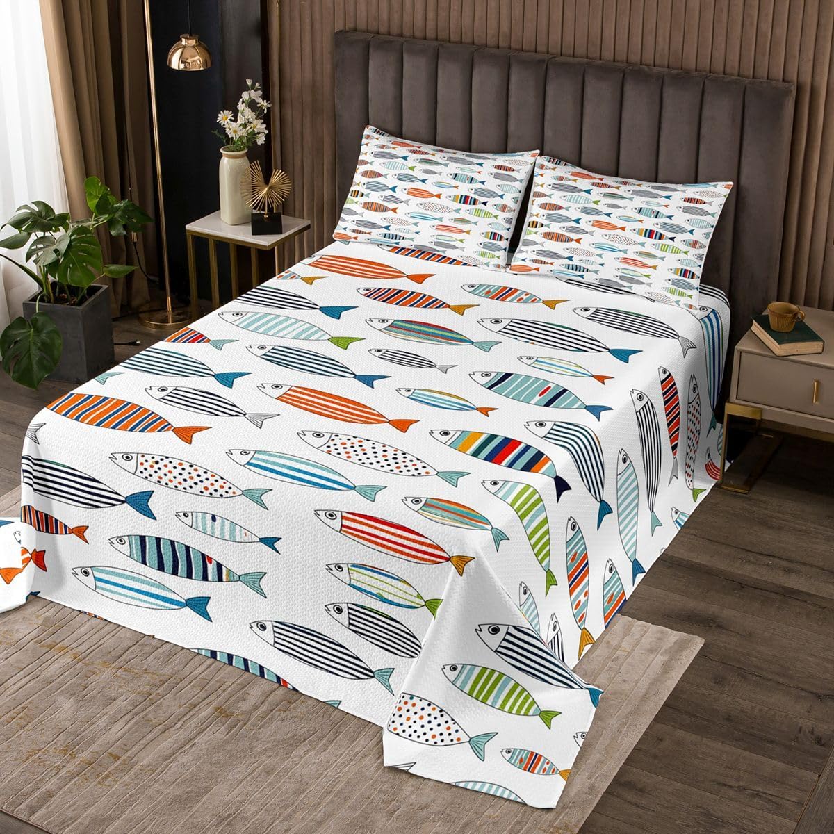 Cute Fish Bedspread Twin Size,Fishing Theme Coverlet Set 2pcs,Cartoon Fish Wildlife Animals Quilted Coverlet with 1 Pillowcase,Kids Boys Room Decor,Soft Bedding Quilt