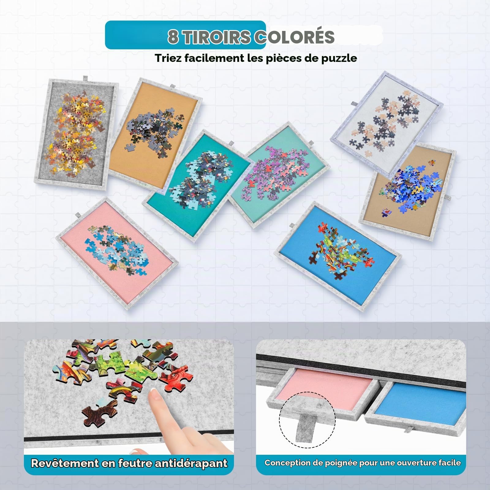 Plateau Puzzle 2-en-1 1000 pièces, Pliable, 8 tiroirs, 77x54 cm, Gris | Surface en feutre, couvercle transparent, 3 tiroirs, pieds pliants 29 cm, bords surélevés