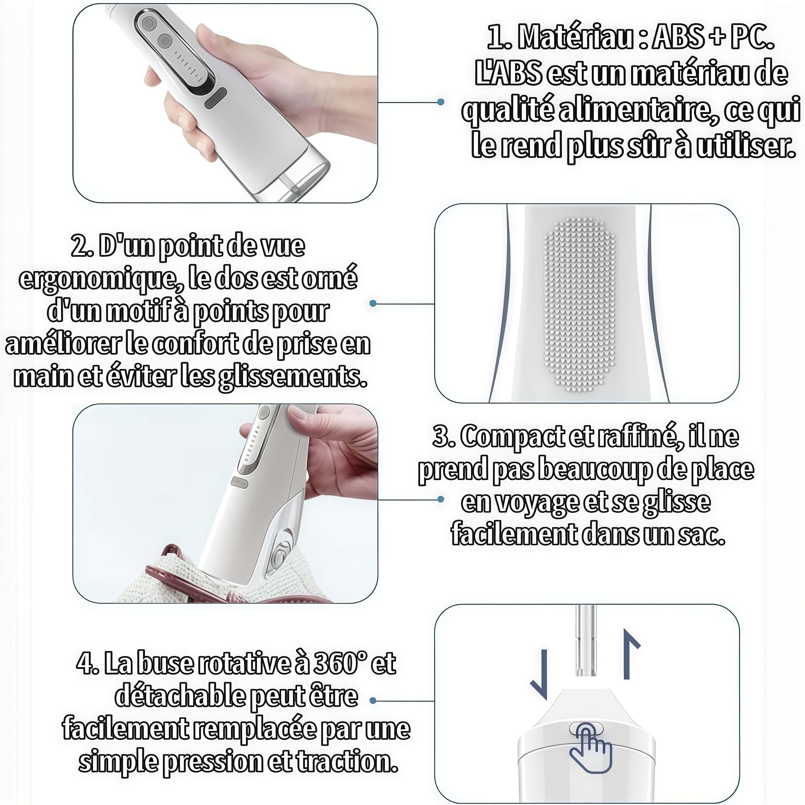 Oryzon Hydropulseur sans fil pour un soin dentaire & buccal optimal – Réservoir 310 ml et étanchéité IPX7 pour une utilisation sûre sous la douche (Blanc)