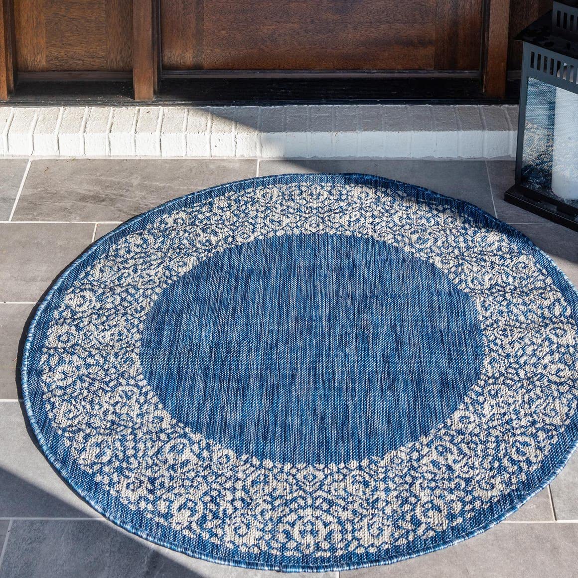 Unique Loom Outdoor Border Collection Area Rug - Floral Border (10' 8" Round, Blue/ Ivory)