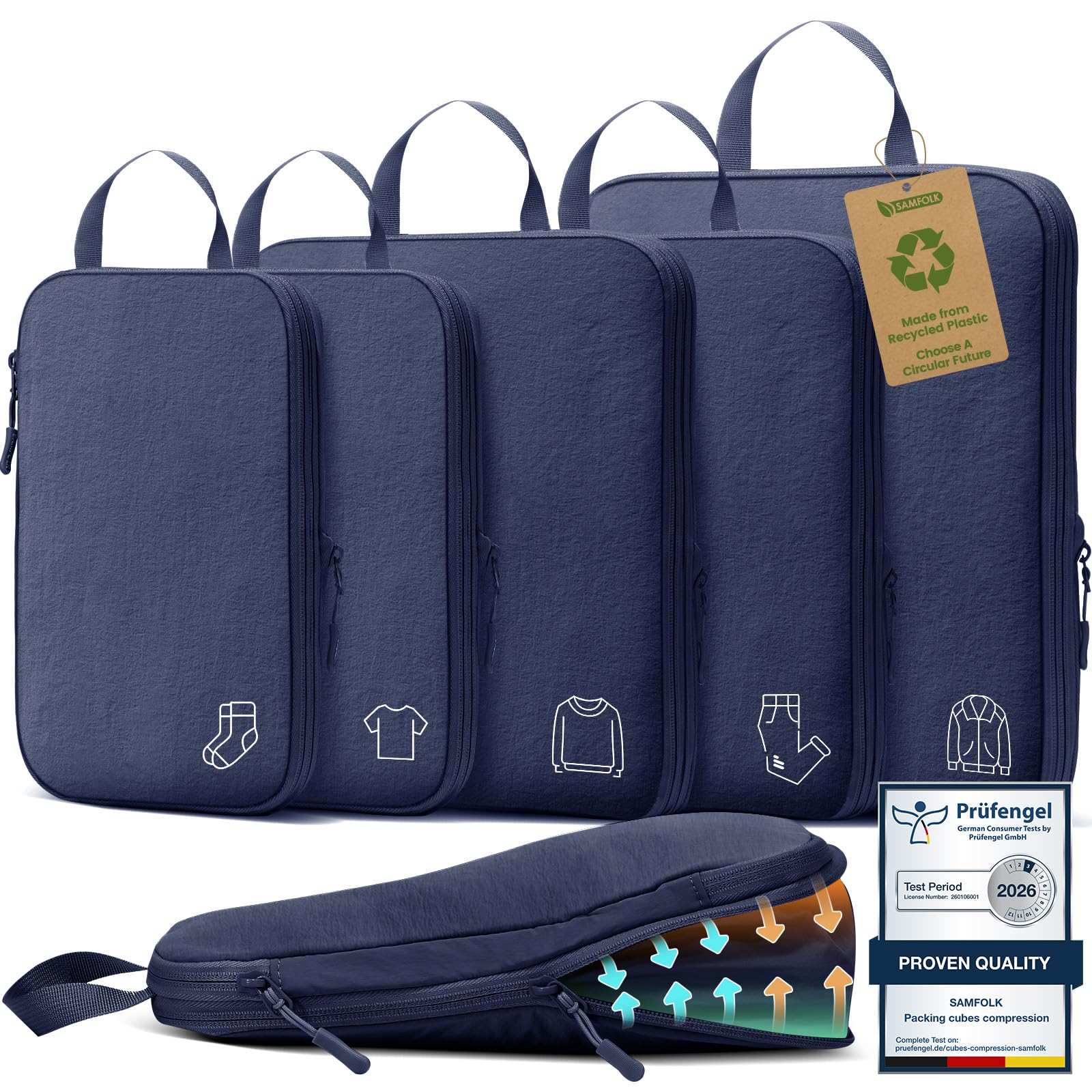 Organisateur Valise Sac Compression Voyage,Organisateur de Voyage Nylon Packing Cubes Compression,Rangement Valise Bagage Sac Compression pour Sac à Dos Bleu Marine