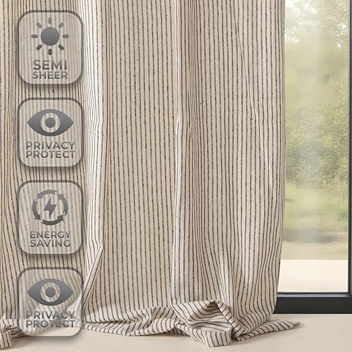 Miniatura 4 de THE ART BOX Cortinas de gasa de lino natural con lazada superior transparentes semi opacas a rayas para dormitorio, para filtrado y como sustituto