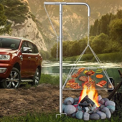 Miniatura 5 de Parrilla de camping de acero inoxidable  Altura ajustable, 360 giratorio y plegable Equipo de cocina de fuego de campamento, resistente y portátil