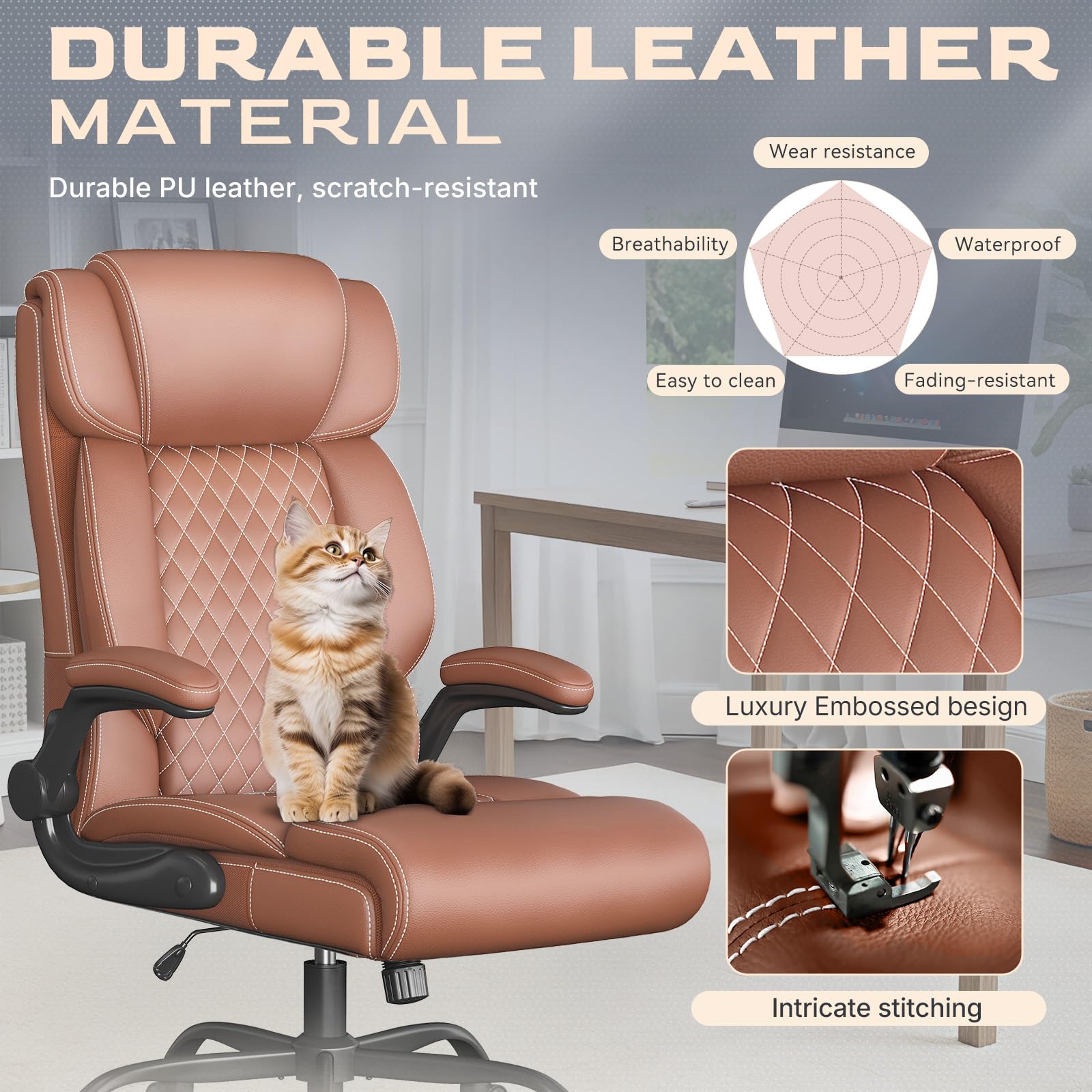 Office Chair Ergonomic Big and Tall Executive Desk Chair Breathable Leather Chair with Adjustable Flip-up Armrests Lumbar Support — view 3