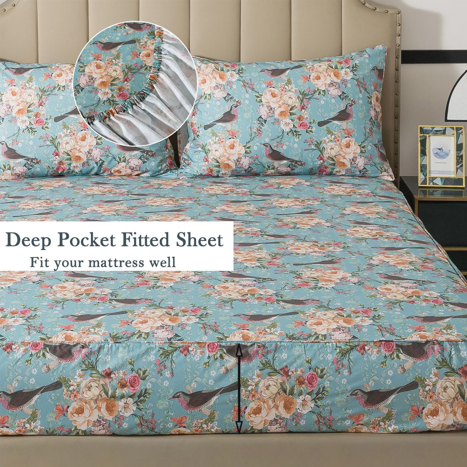 FADFAY King Size Floral Sheets Set, 100% Cotton Bed Sheets 4 Pcs with Deep Pocket Fitted Sheet, Mint Green Vintage Botanical Bird and Flower Print Bedding, Soft Crisp & Breathable for All Seasons