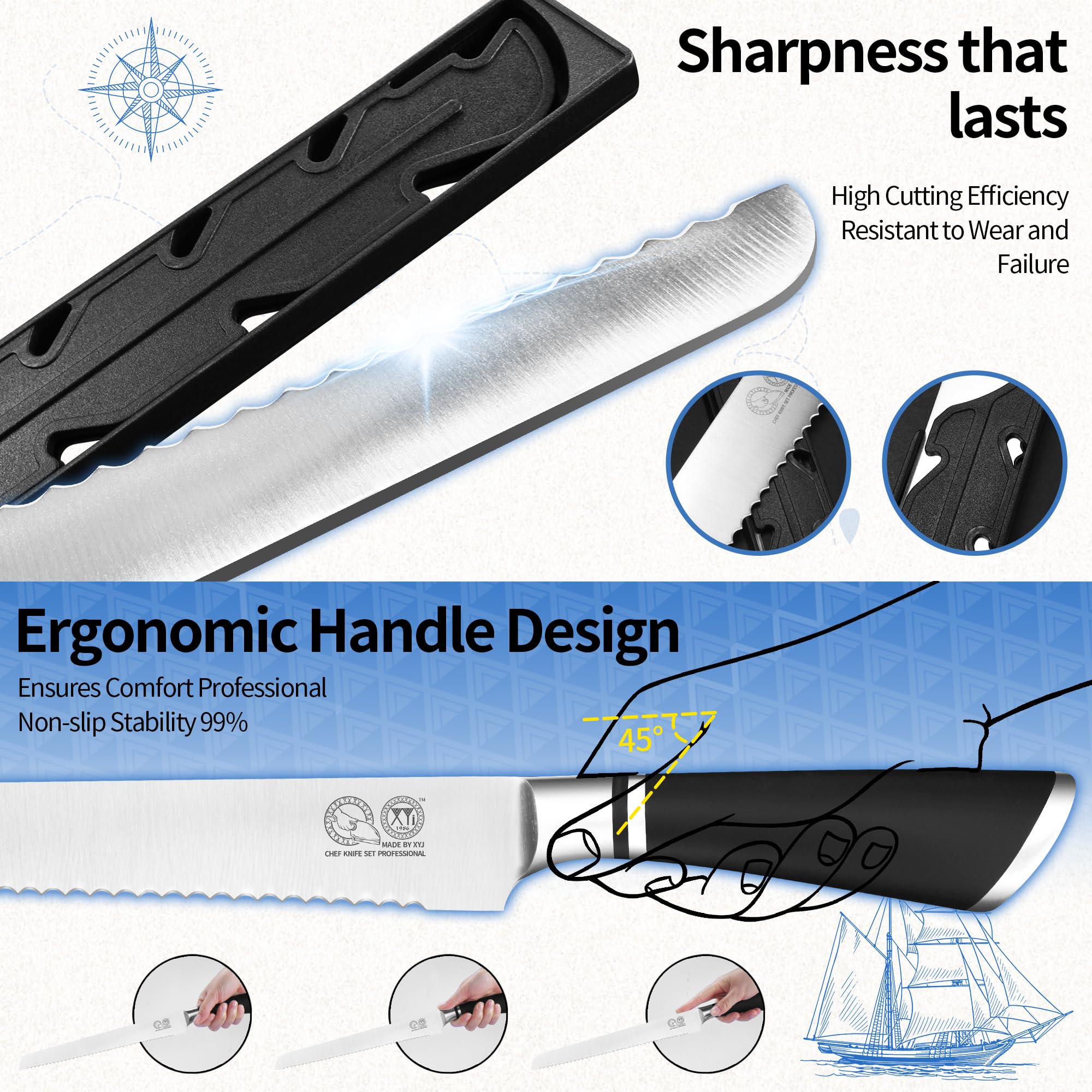 XYJ Authentic Since 1986, japoński nóż do chleba 10,5 cala, stal nierdzewna Serrated Blade Bread Cutting Knife with Cover, Serrated Cake Tool for Home Kitchen Camping