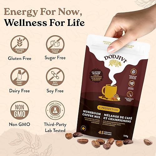 Miniatura 5 de Dodjivi Paquetes instantáneos de café orgánico de hongos, café arábica en polvo con hongo Reishi, melena de león, chaga, cola de pavo para una mejor