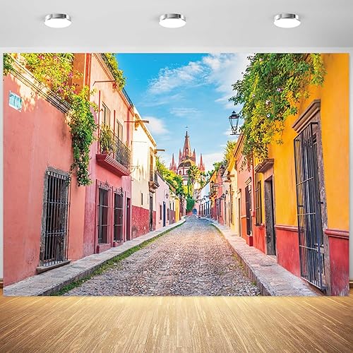 Miniatura 1 de Telón de fondo colorido de la calle de la ciudad de México, 10 x 8 pies, fondo de fotografía de casa, escenario de callejón, fiesta mexicana,