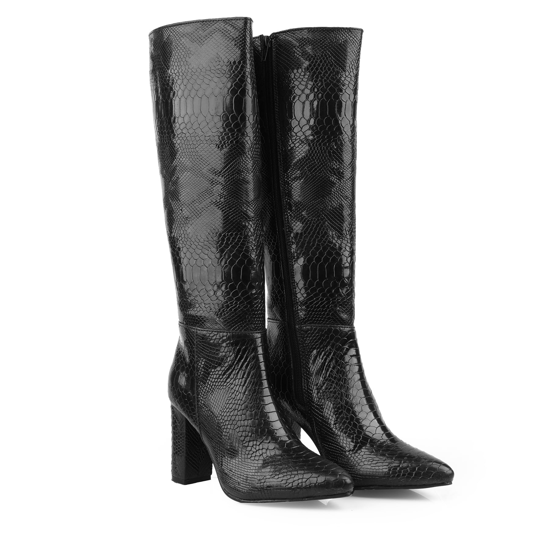 Women's 3.5 Inch Heel Height Increasing Faux Leather Formal TPR Sole Snake Print knee Slip-on-image-25