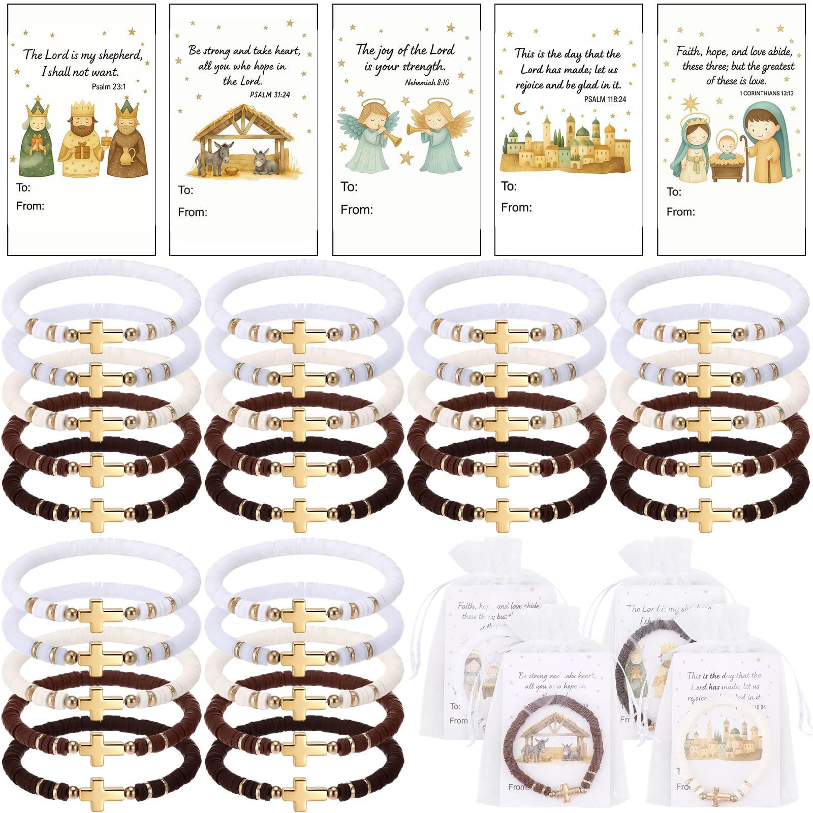 Tondiamo Baptism Cross Bracelet Bulk with Card Bags First Communion Confirmation Gifts for Women Religious Jesus Wristbands for Church Party Baby Shower Souvenirs