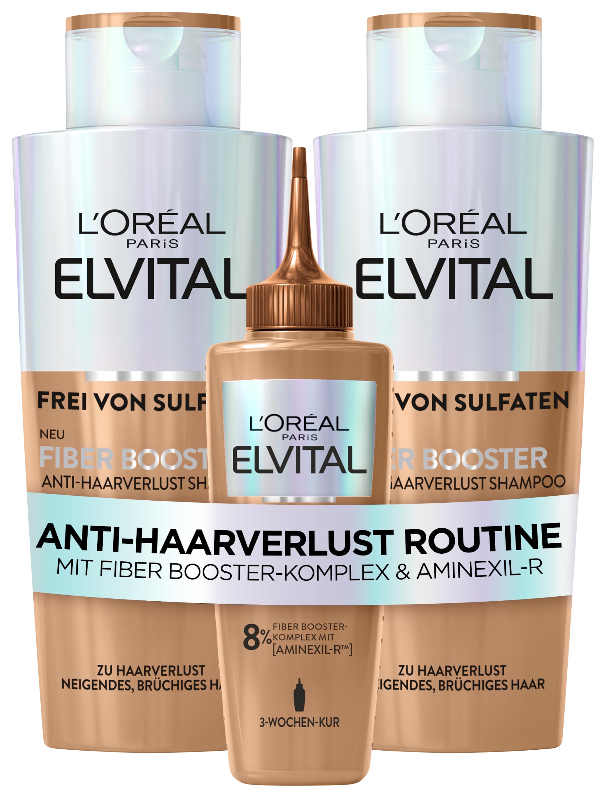 L'Oréal Paris Fiber Booster Anti-Haarverlust Routine für kurzes Haar, 2x Shampoo & Serum für volleres Haar, Gegen Haarausfall, Weniger Haarbruch, Gegen Haarverlust, Elvital, für Männer und Frauen