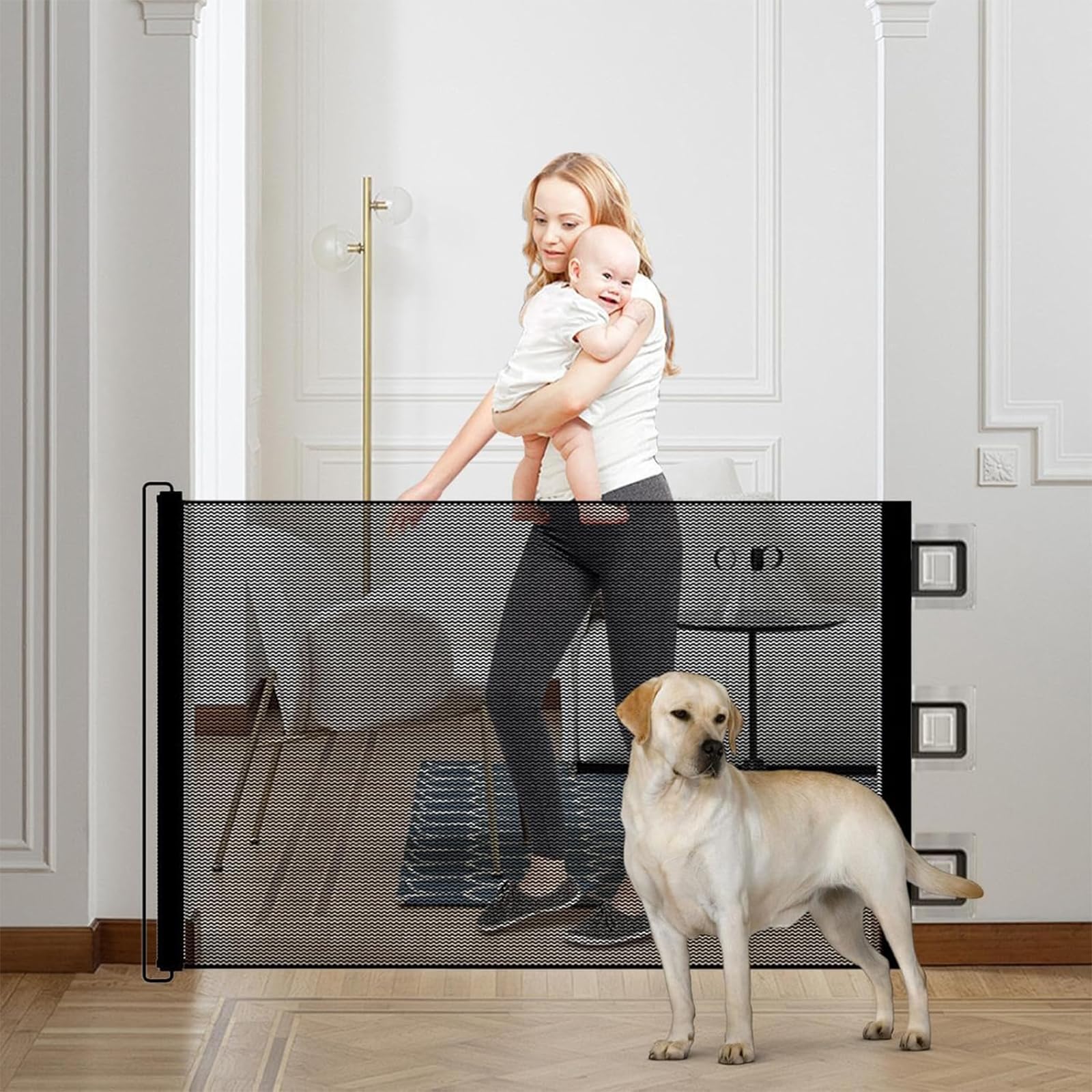 Cancello retrattile per cani, barriera flessibile spazi stretti casa a prova di bambino facile installazione per animali domestici regolabile non foratura necessaria cane gatti per porte di