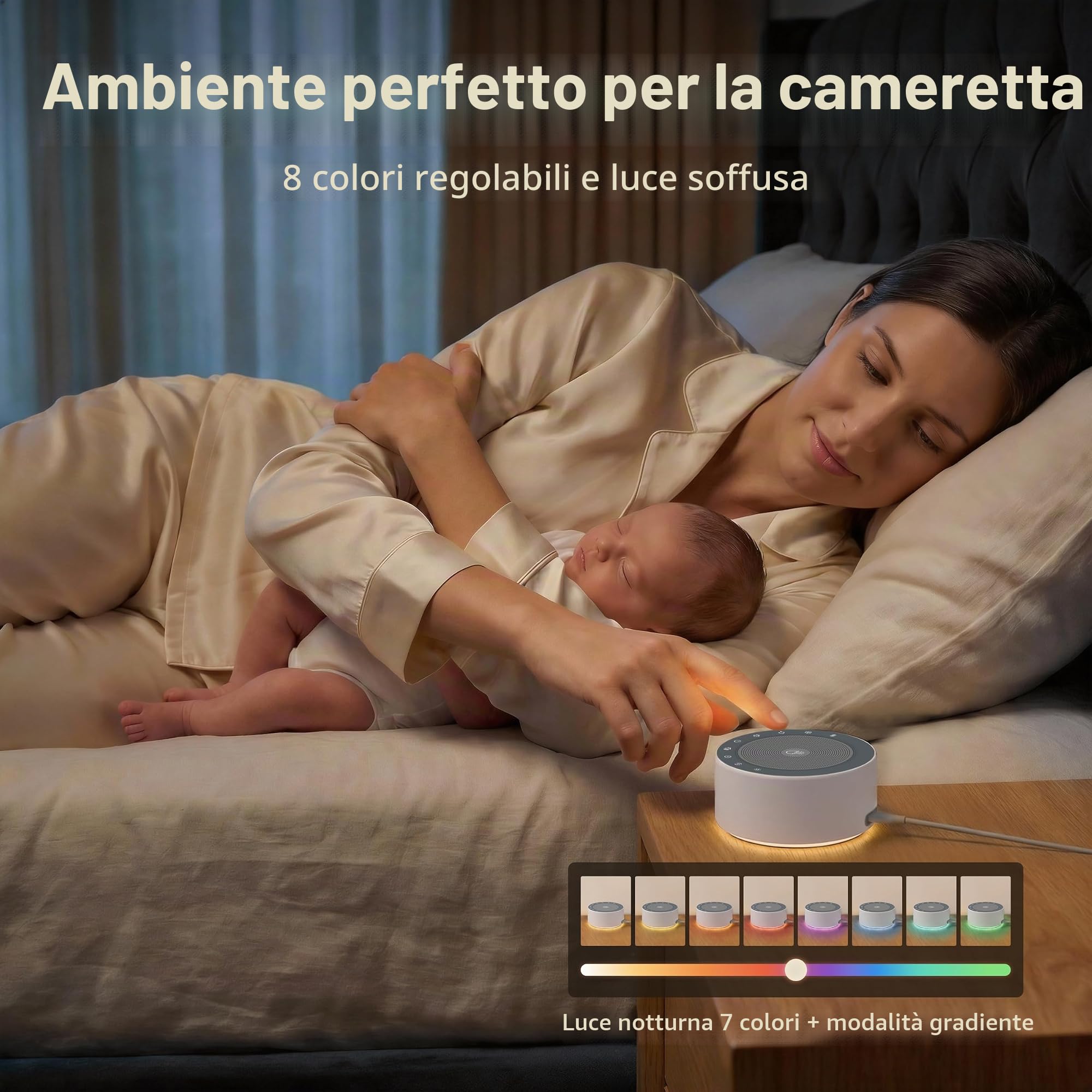Macchina per il rumore bianco con 30 colonne sonore ad alta fedeltà, luci notturne a 7 colori, griglia e pulsanti in tessuto full touch, timer e memoria, plug-in, macchina audio per bambini