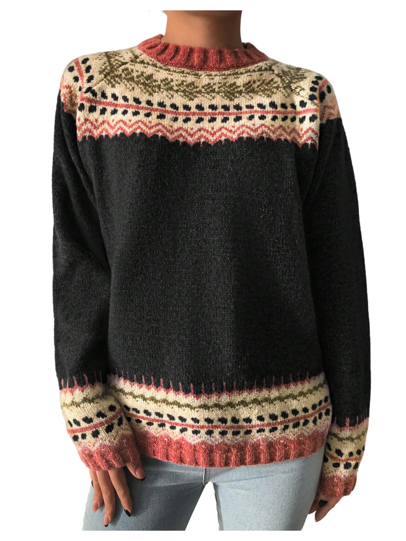 MakeMeChic Womens Long Sleeve Grandma Sweater Crew Neck Vintage Knit Cozy Pullover Tops