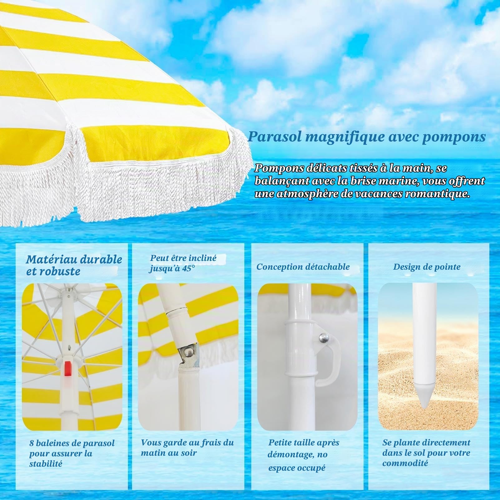 Parasol de Jardin Plage Anti UV 50+ 180cm Inclinable Frange Jaune Blanc Rayé Balcon Terrasse Extérieur