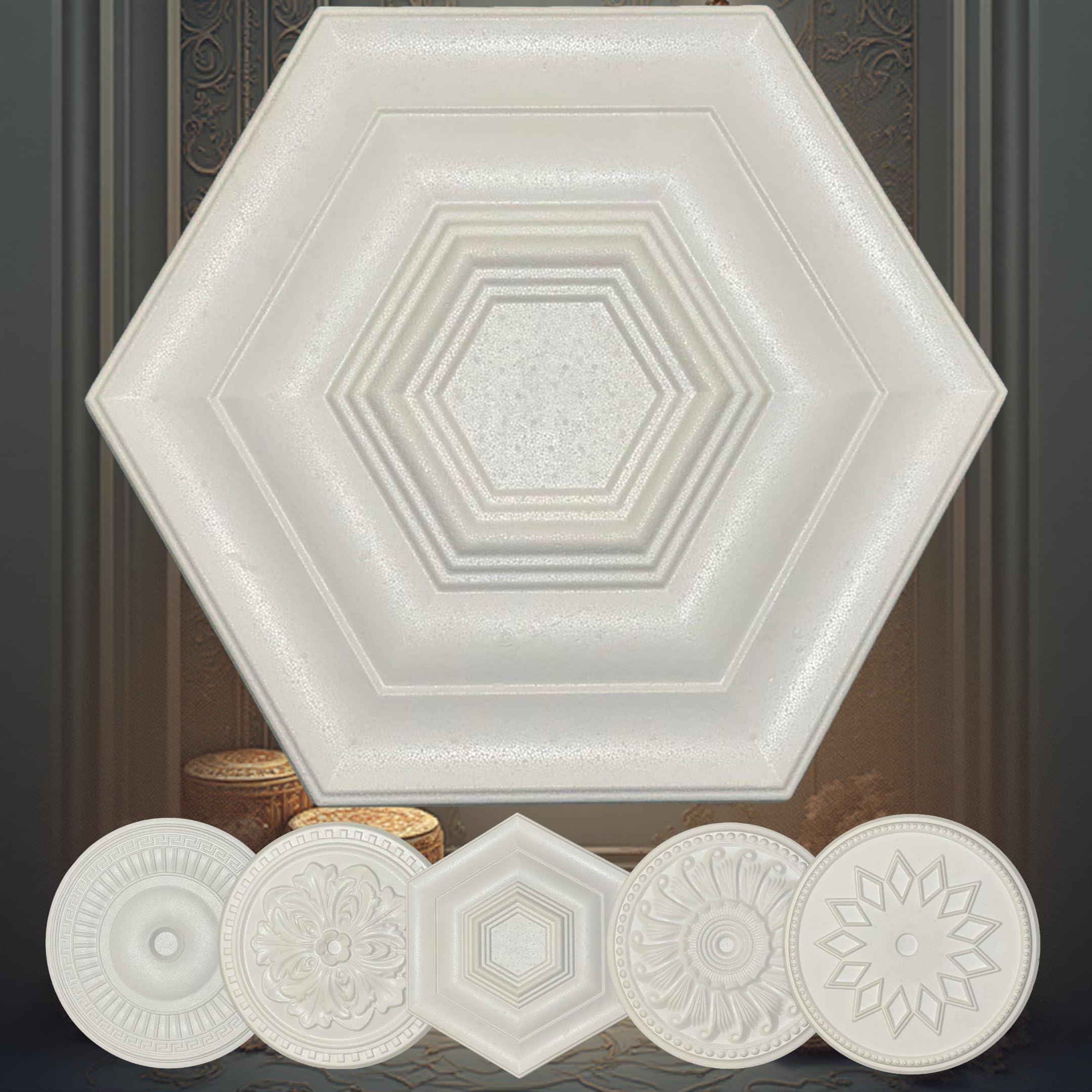 FAST DECOR Elegant Polystyrene Ceiling Rose, Lightweight Coving for Ceilings, Decorative Ceiling Medallion Moulding, Easy to Install Ceiling Decoration for Home & Living Room (Hexa 52.5 cm)
