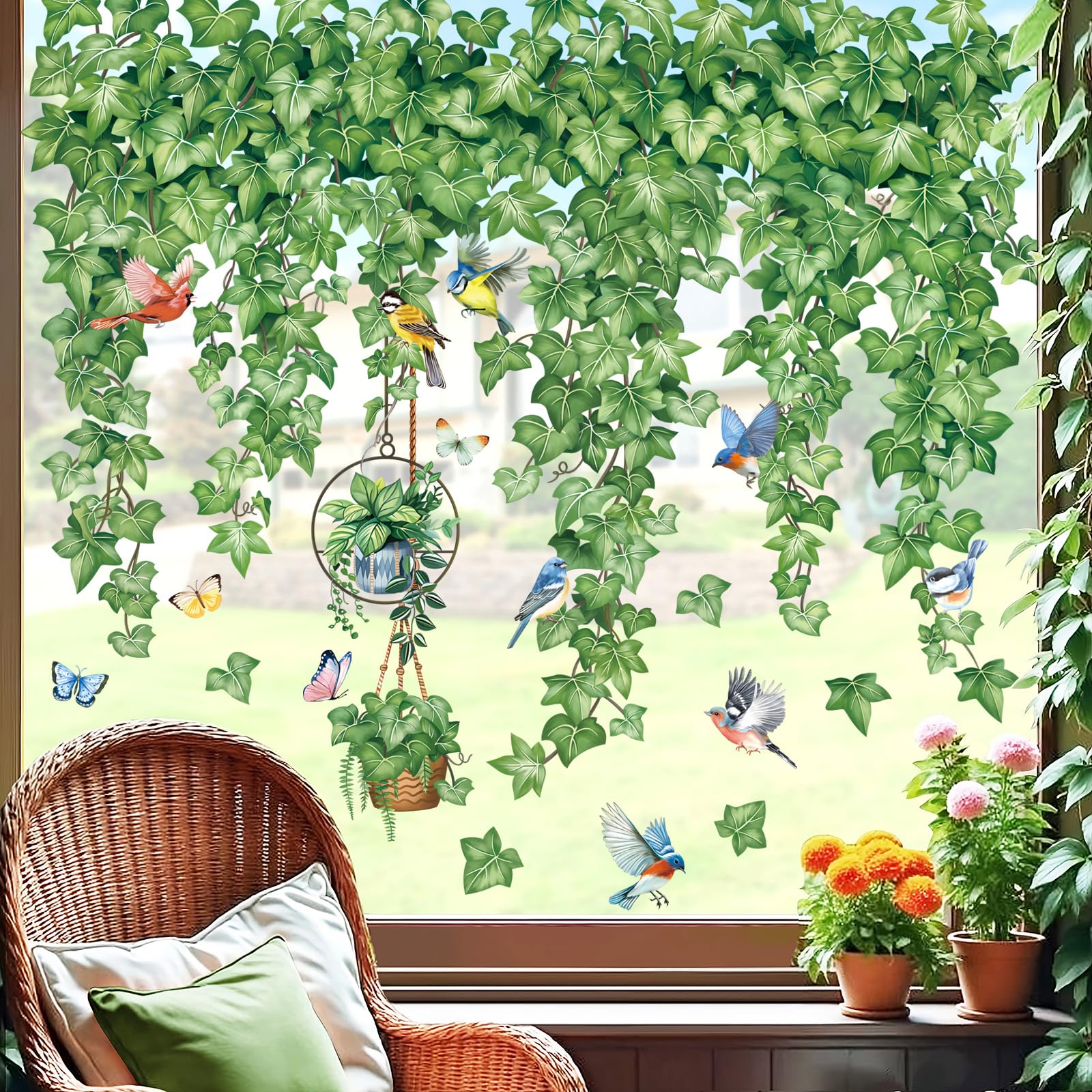 decalmile Window Clings Evergreen Ivy Leaves Green Reusable Windows Decals