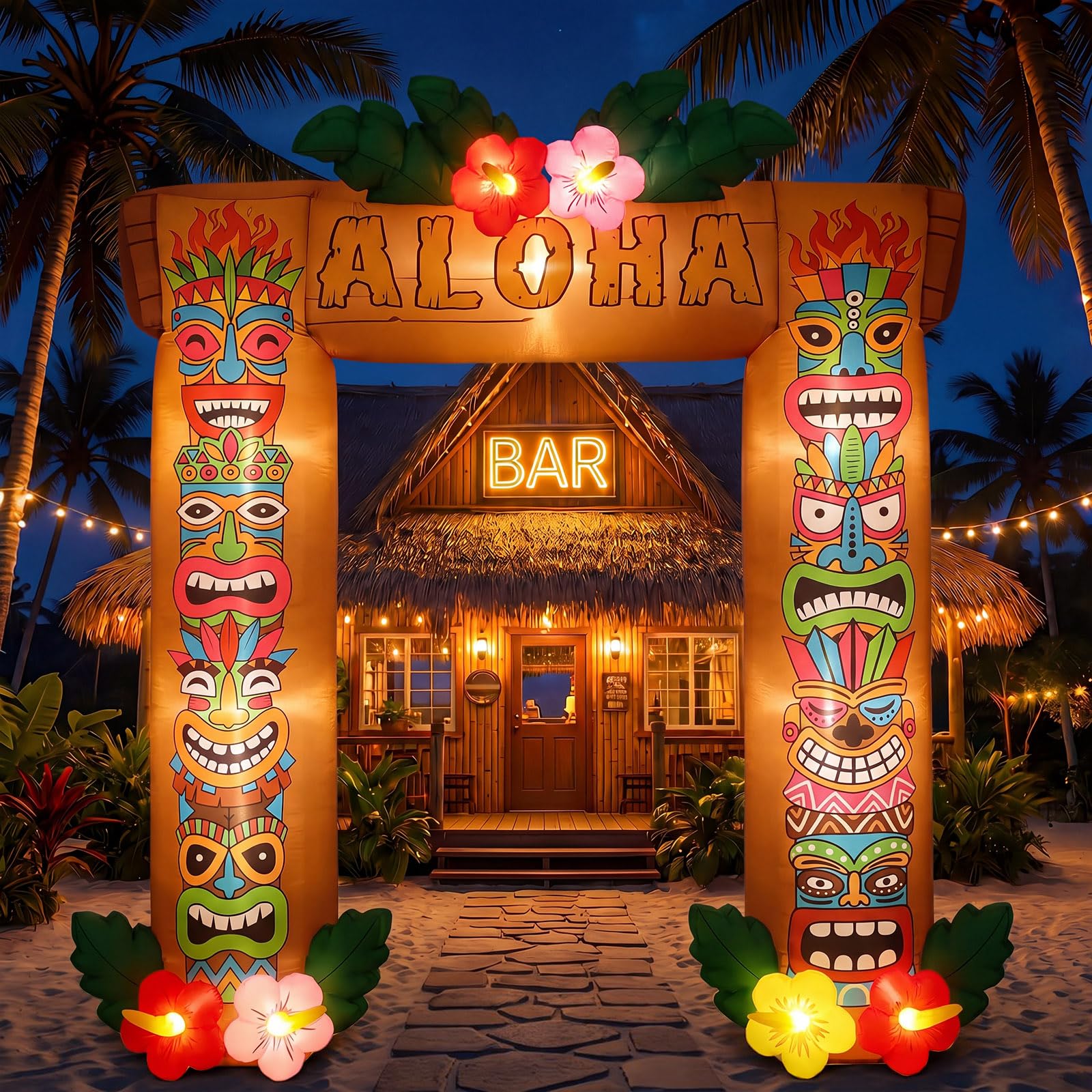 Sosation 3 m gonfiabile Tiki hawaiano Luau decorazioni per feste illuminate estive gonfiabili tropicali Aloha arco all'aperto grande esplosione Hawaii festa di compleanno decorazione per Luau Tiki bar